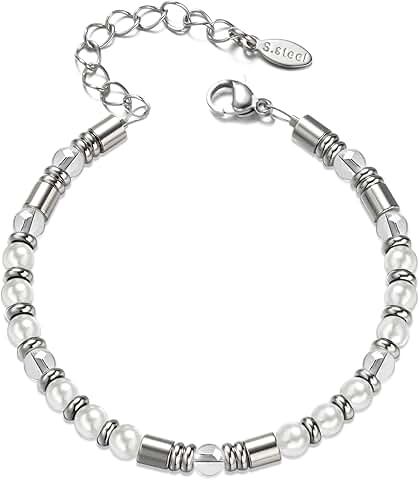 Silver beaded boho bracelet with natural stones