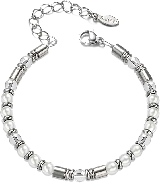 Silver beaded boho bracelet with natural stones
