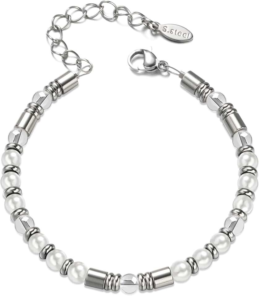 Silver beaded boho bracelet with natural stones