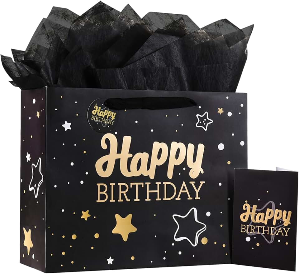 Black Birthday Gift Bag with Tissue and Card