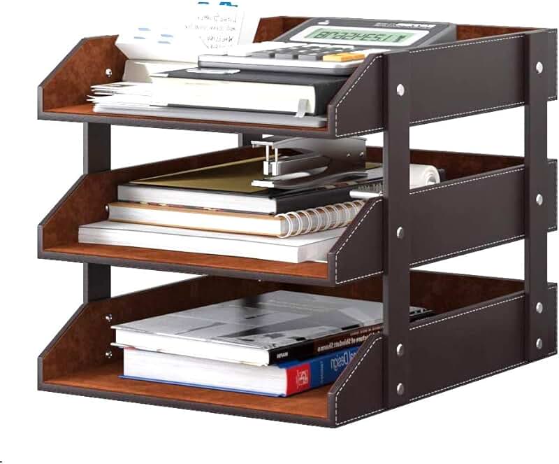 3-Tier Leather Desk Organizer for Files and Supplies