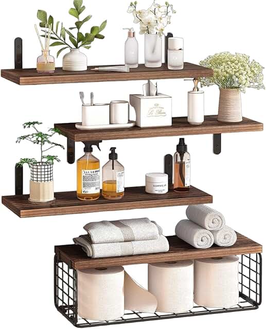 Set of Four Dark Brown Wall-Mounted Wooden Shelves