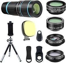 Phone camera lens kit with 6 lenses, LED light, remote, and tripod