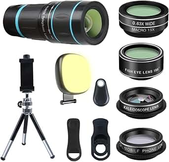 Phone camera lens kit with 6 lenses, LED light, remote, and tripod