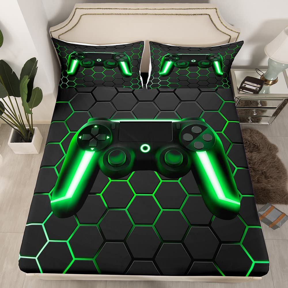 Game Bed Sheets for Boys,Gaming Sheet Set Full,Kids Gamer Flat Sheet Neon Lights Gamepad Fitted Sheet for Teen Men Bedroom,Geometry Honeycomb Hexagon Bedding Sheets  Pillowcases Sets,Green Grey