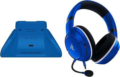 Essential Duo Bundle: Wired Headset & Charging Stand in Shock Blue
