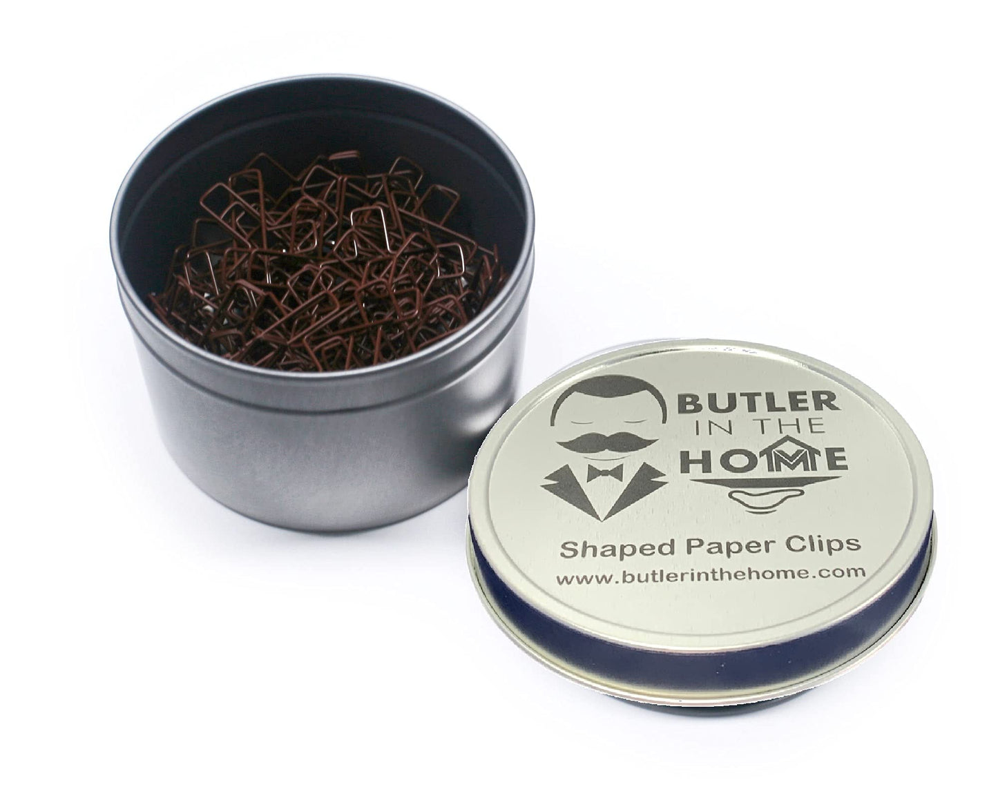 Cross-shaped paper clips in round tin, 100 pieces
