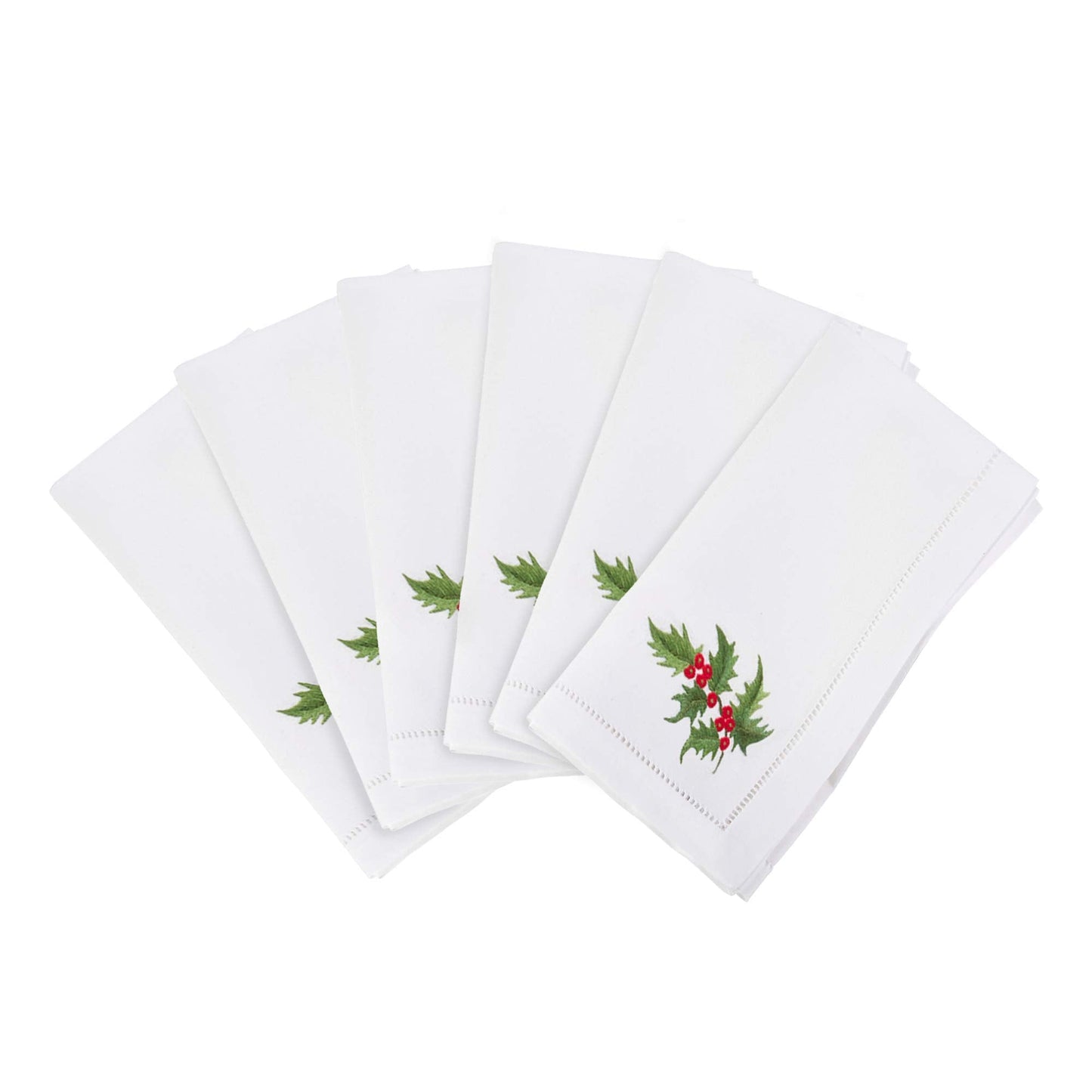 Embroidered Holly Leaf Square Hemstitched Border Cotton Napkin, Set of 6, 20" x 20", White