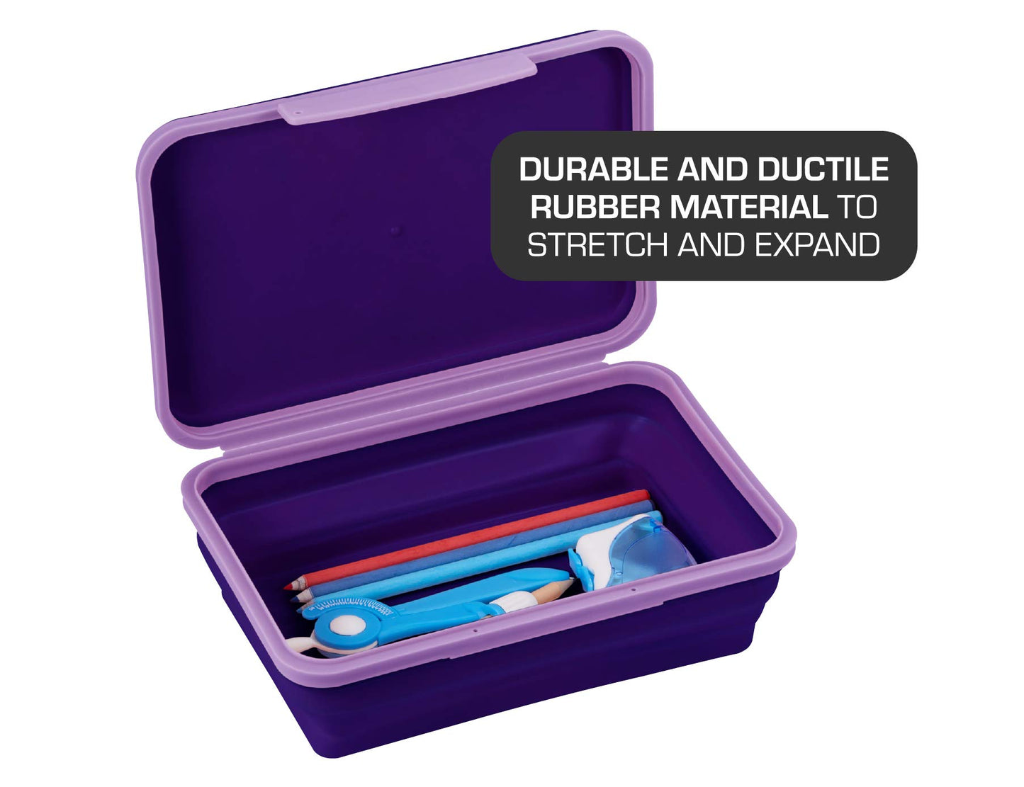 Flexible purple storage box for pencils and supplies