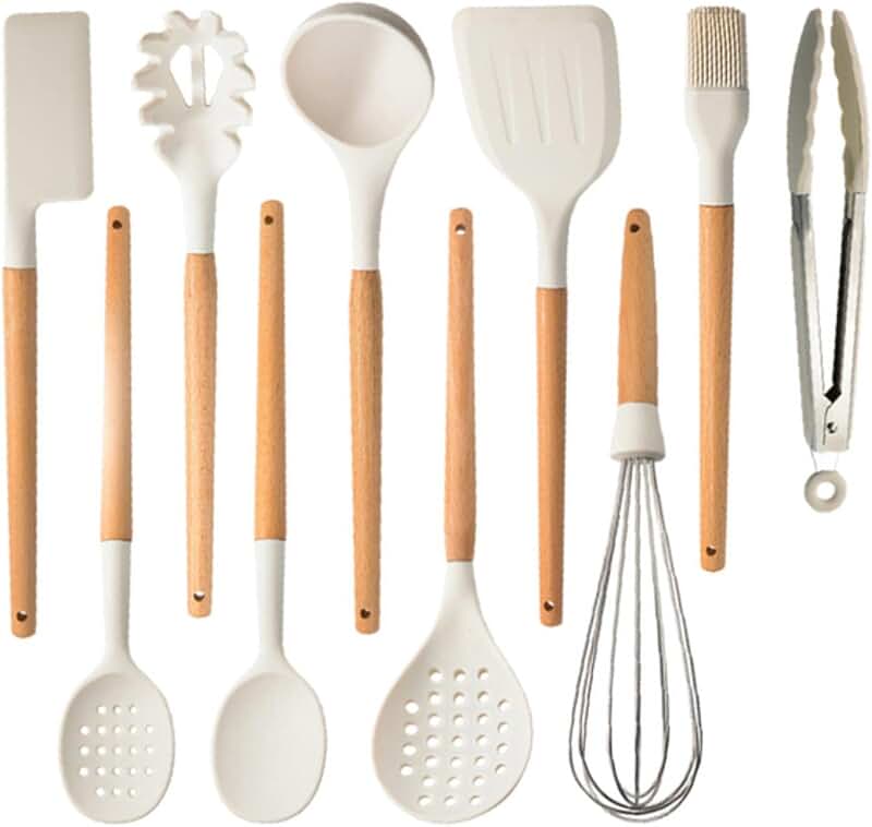 10 Pack Natural Teak Wood Cooking Spoons with Holder
