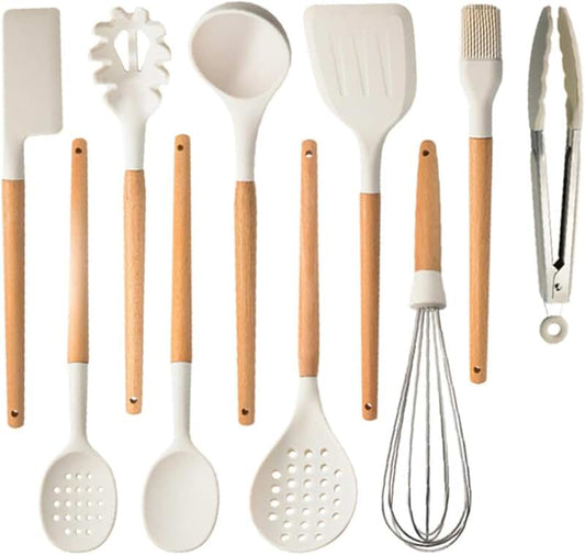 10 Pack Natural Teak Wood Cooking Spoons with Holder
