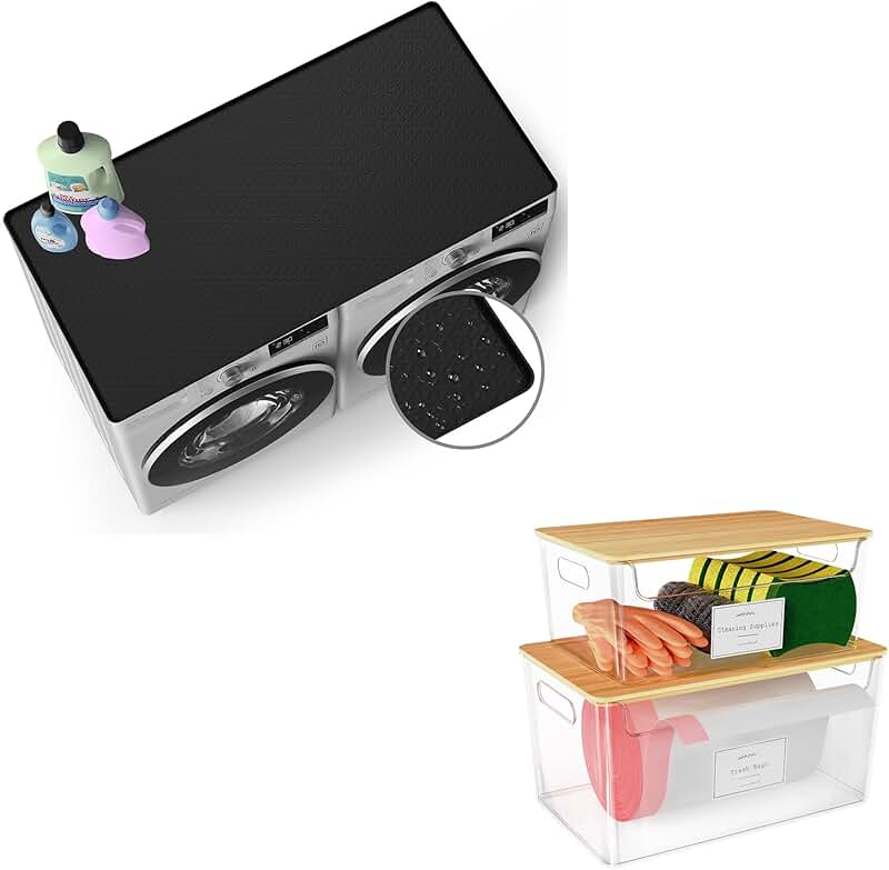 54-inch black covers for washer and dryer, two trash bag holders