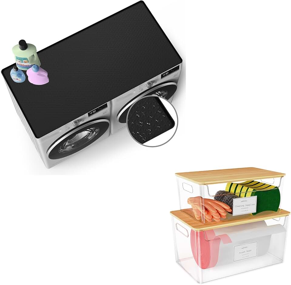 54-inch black covers for washer and dryer, two trash bag holders