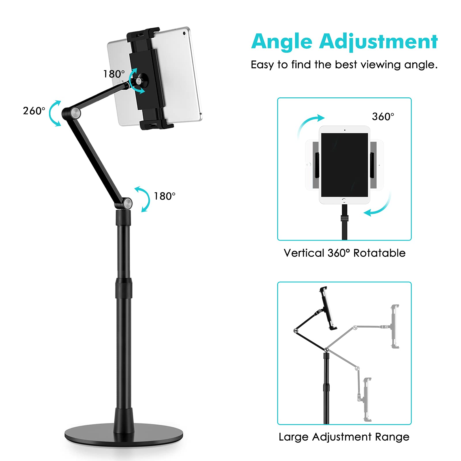 Tablet Phone Overhead Stand, Height & 360 Degree Angle Adjustable, Aluminum Desktop Stand, Compatible with 3.5-11" Cellphone or Tablet Such as iPhone iPad Pro Air Mini, Samsung, Nexus(AP-4P-B)