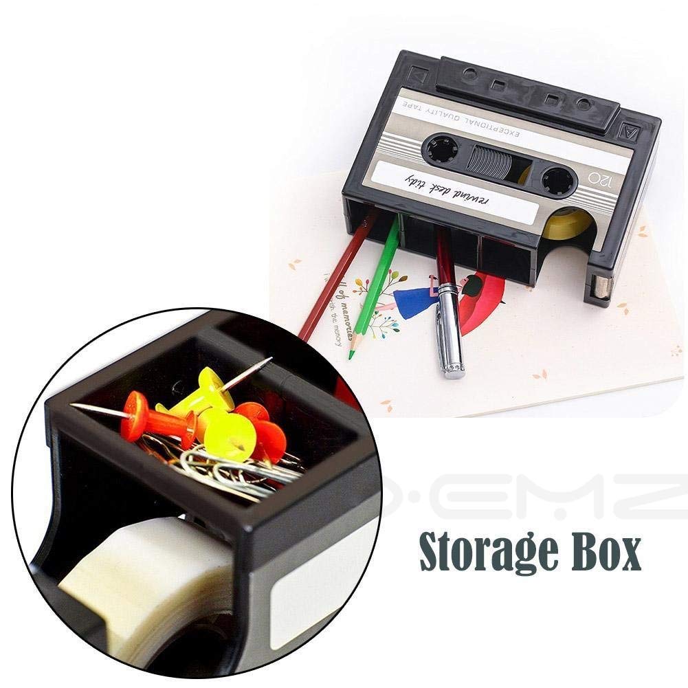 Gray tape dispenser and pen holder with retro cassette design