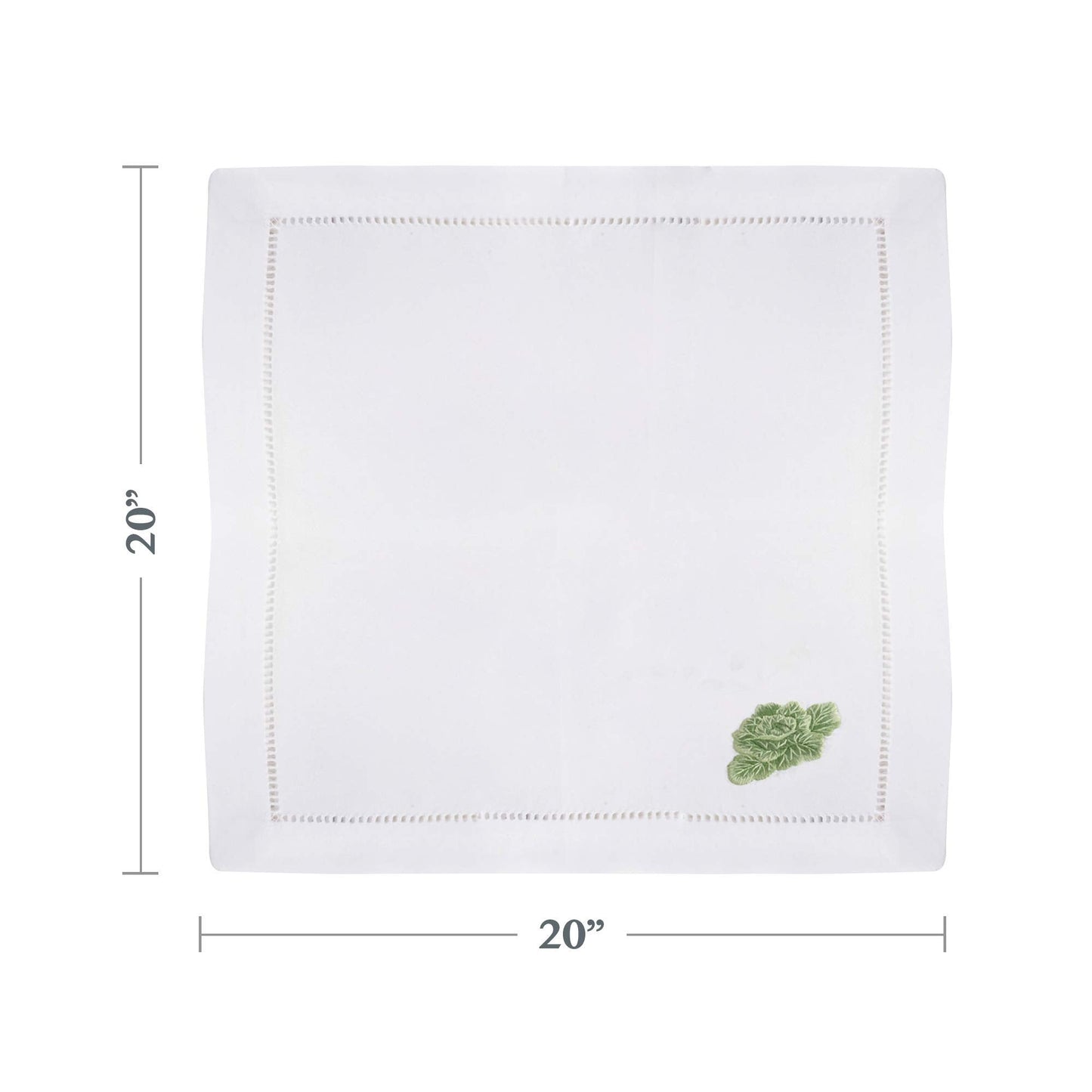 Embroidered Cabbage Square Hemstitched Border Cotton Napkin, Set of 6, 20" x 20", White