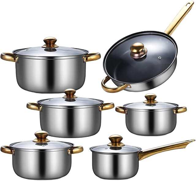 Six-piece stainless steel cookware set with soup pot and pans