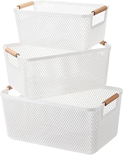 Set of three plastic mesh baskets with wooden handles