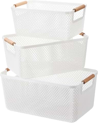 Set of three plastic mesh baskets with wooden handles