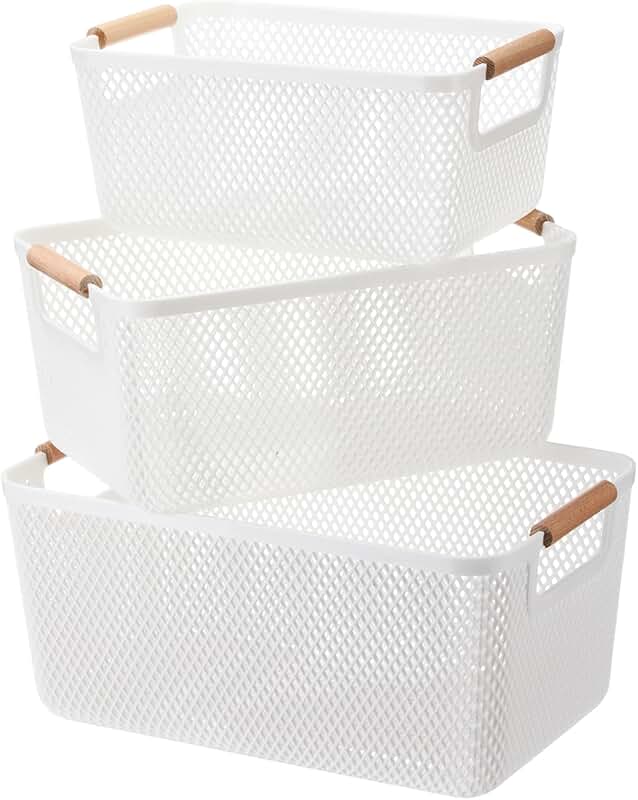 Set of three plastic mesh baskets with wooden handles