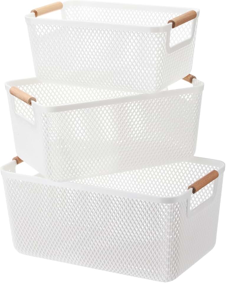 Set of three plastic mesh baskets with wooden handles