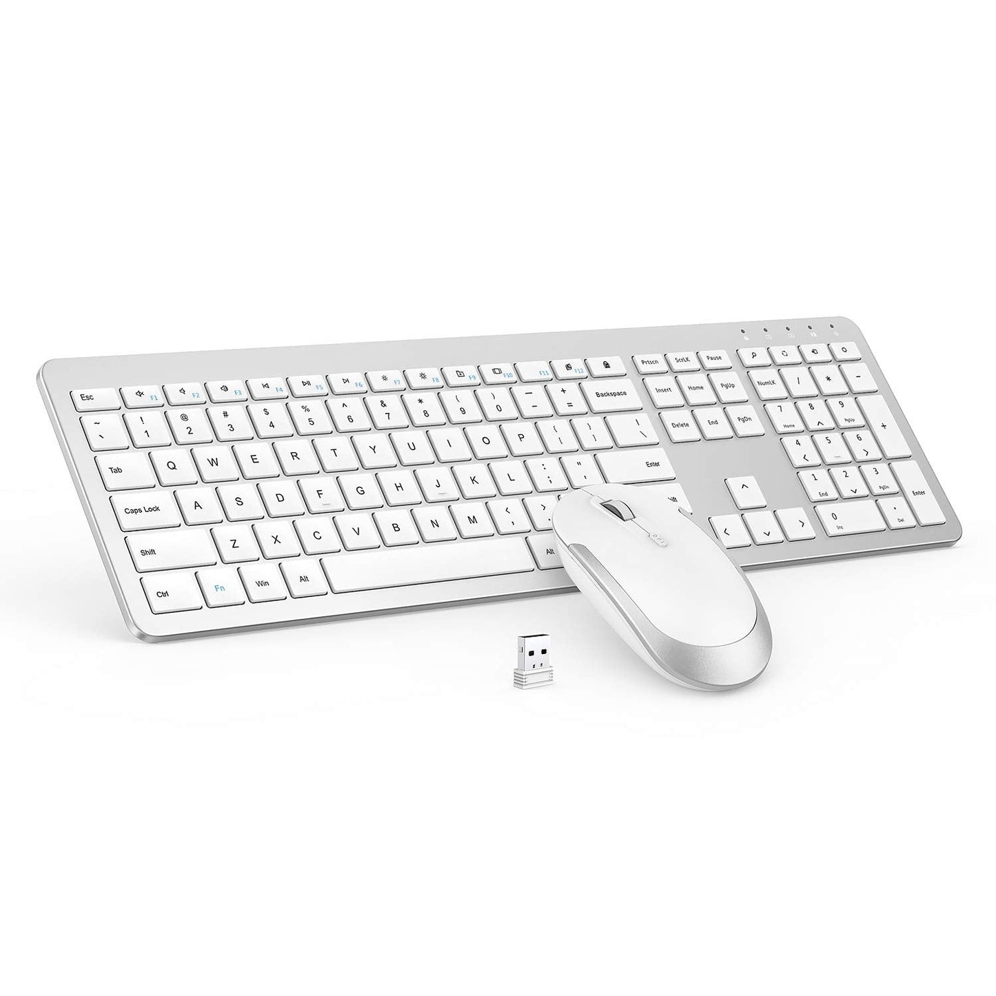 Wireless Keyboard and Mouse Combo - Full Size Slim Thin Wireless Keyboard Mouse with Numeric Keypad with On/Off Switch on Both Keyboard and Mouse - White & Silver