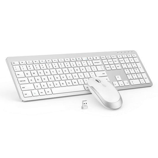 Wireless keyboard and mouse combo with numeric keypad in white and silver