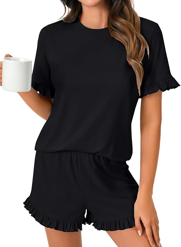 Women's Cotton Pajama Set with Frill Sleeves and Ruffle Shorts
