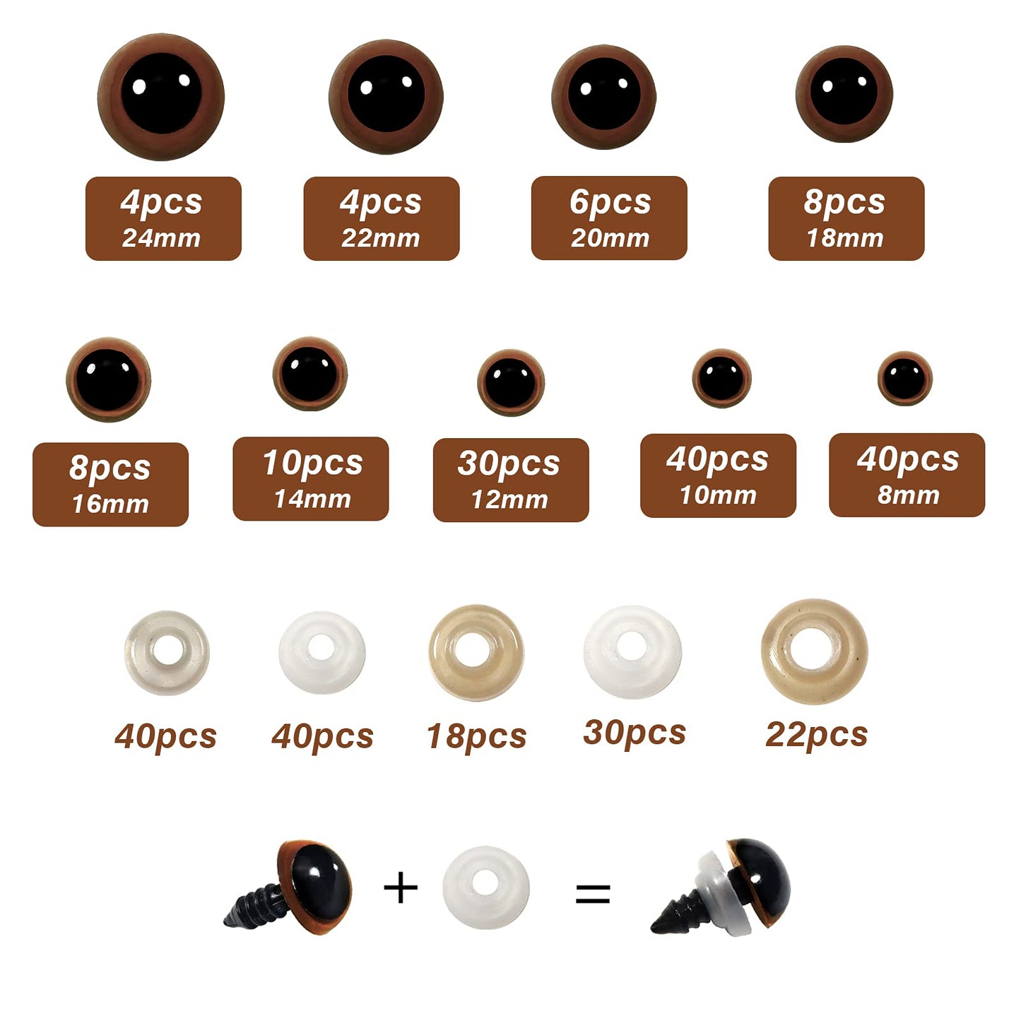 150 Assorted Brown Plastic Safety Eyes with Washers (8-24mm)