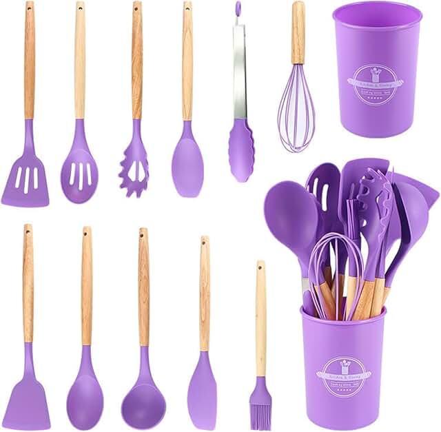 12-Piece Silicone Kitchen Utensil Set with Wooden Handles