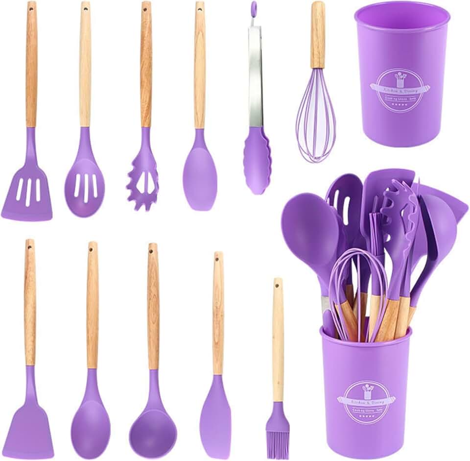 12-Piece Silicone Kitchen Utensil Set with Wooden Handles