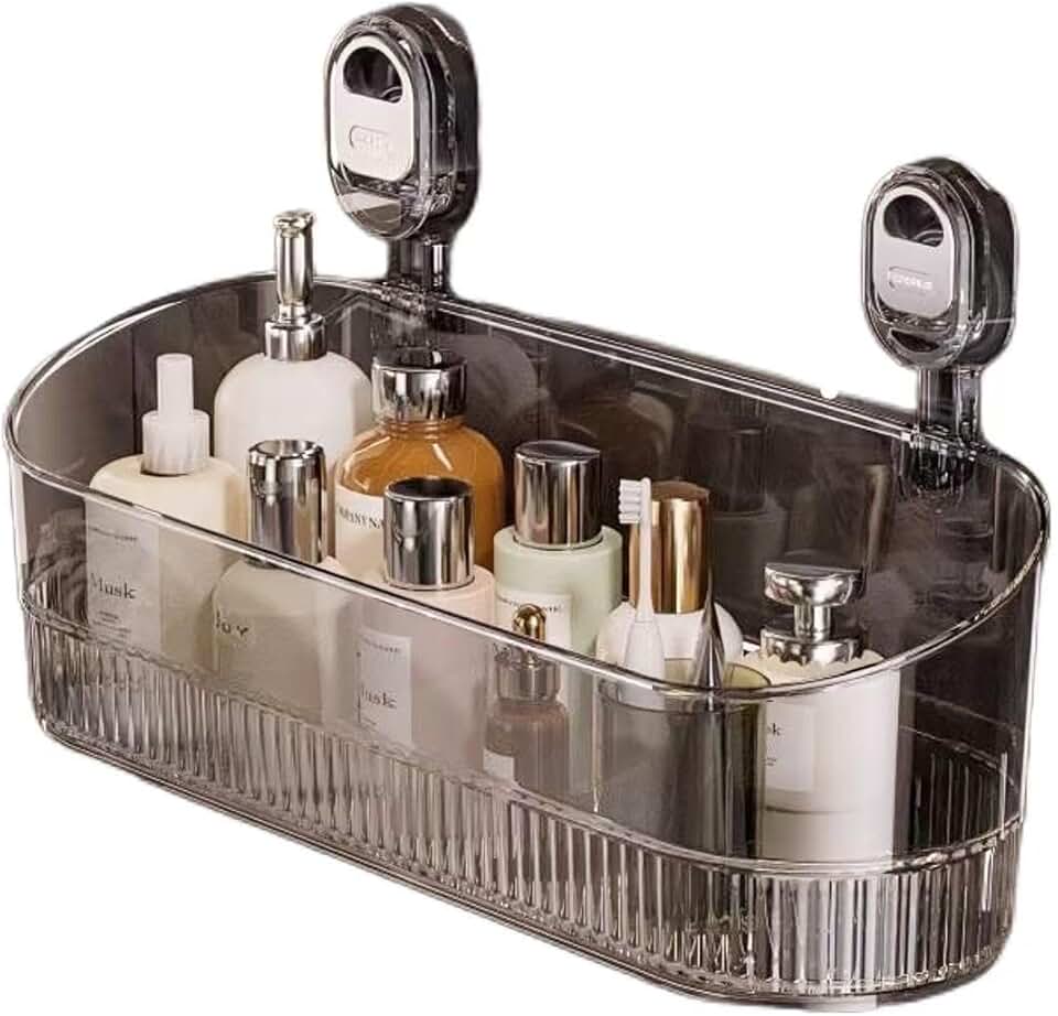 Clear wall-mounted shower caddy with suction cups