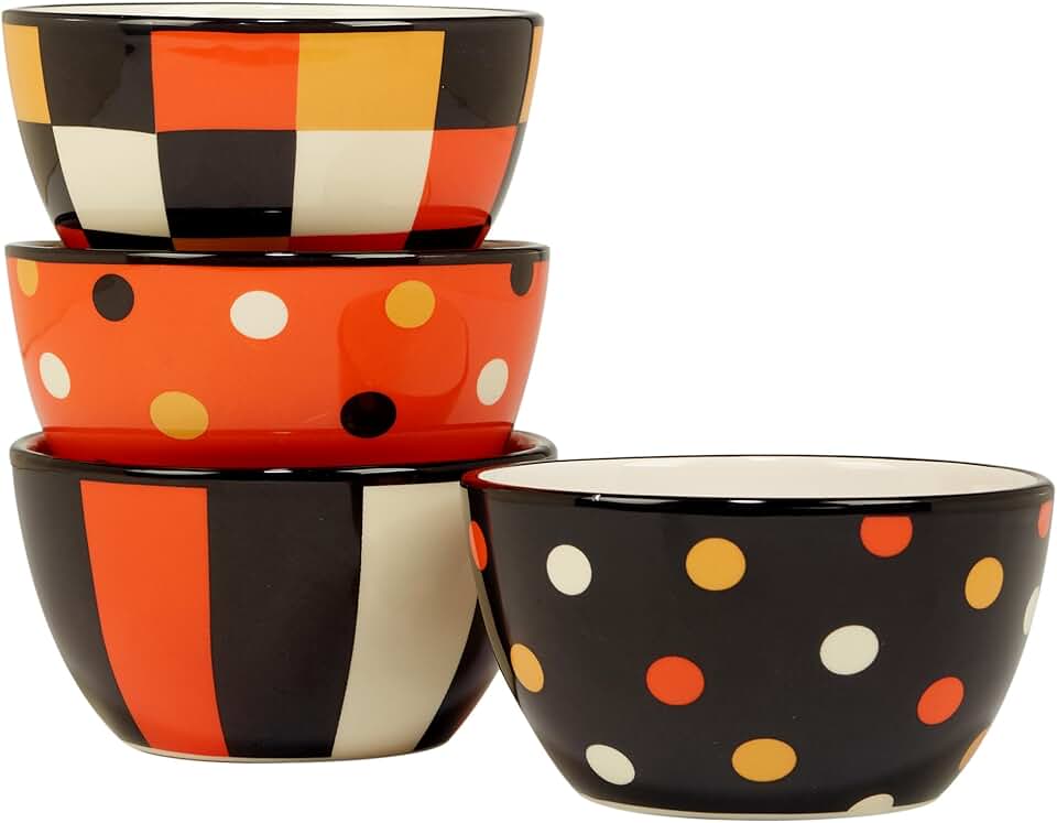 Set of 4 Halloween Dessert Bowls with Stripes and Dots