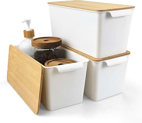 Three Stackable Plastic Storage Bins with Bamboo Lids