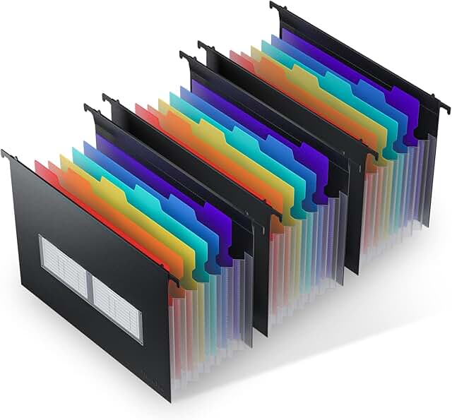 Plastic expanding hanging file folders with 7 pockets and multi-color tabs