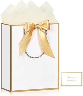 Large White and Gold Gift Bag with Ribbon and Card