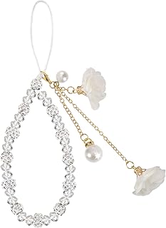 White Beaded Phone Charm with Flower Pendant
