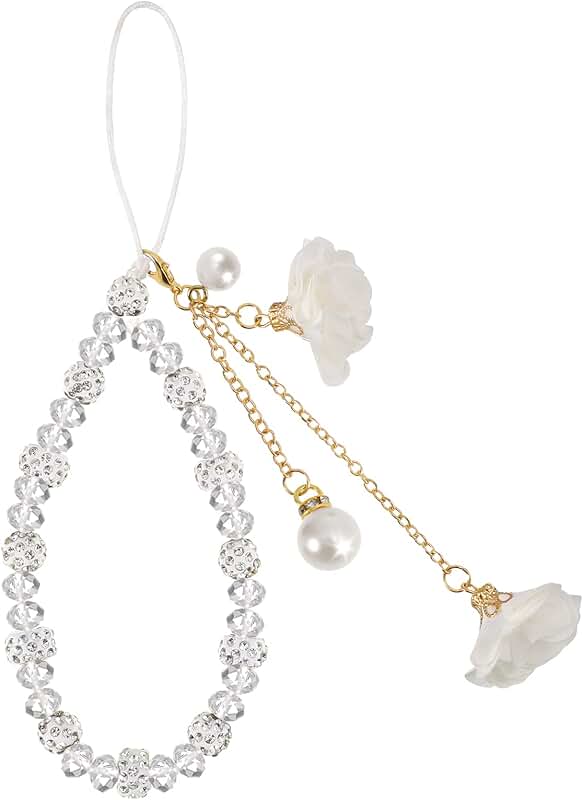 White Beaded Phone Charm with Flower Pendant