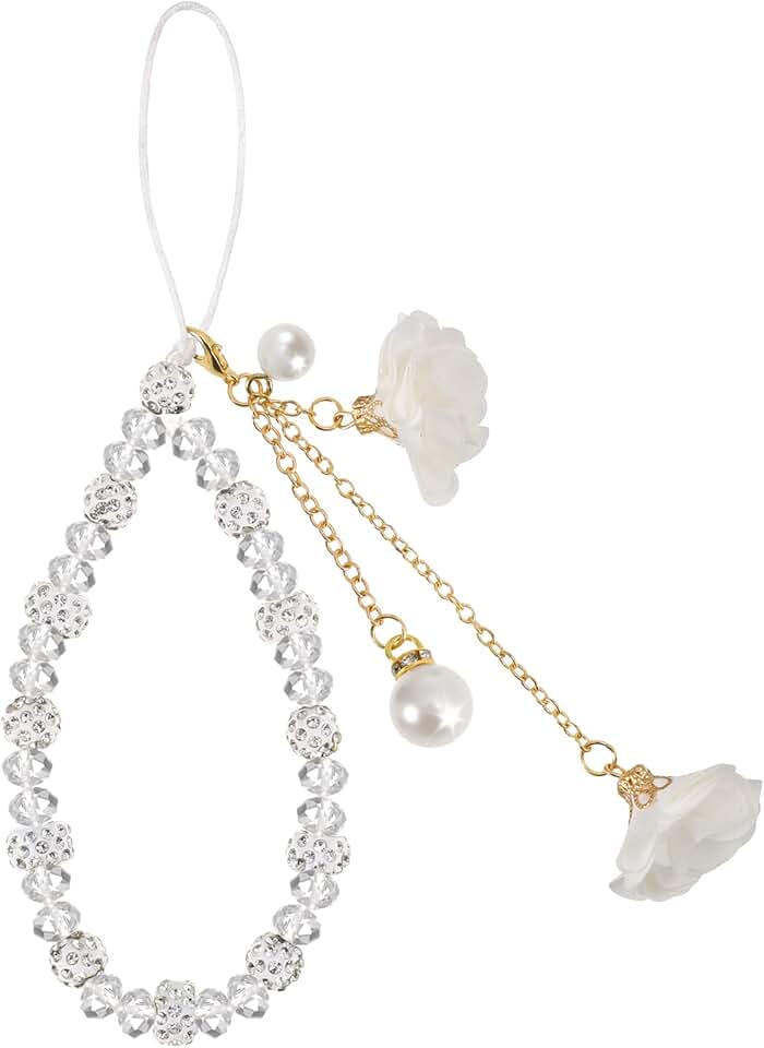 White Beaded Phone Charm with Flower Pendant