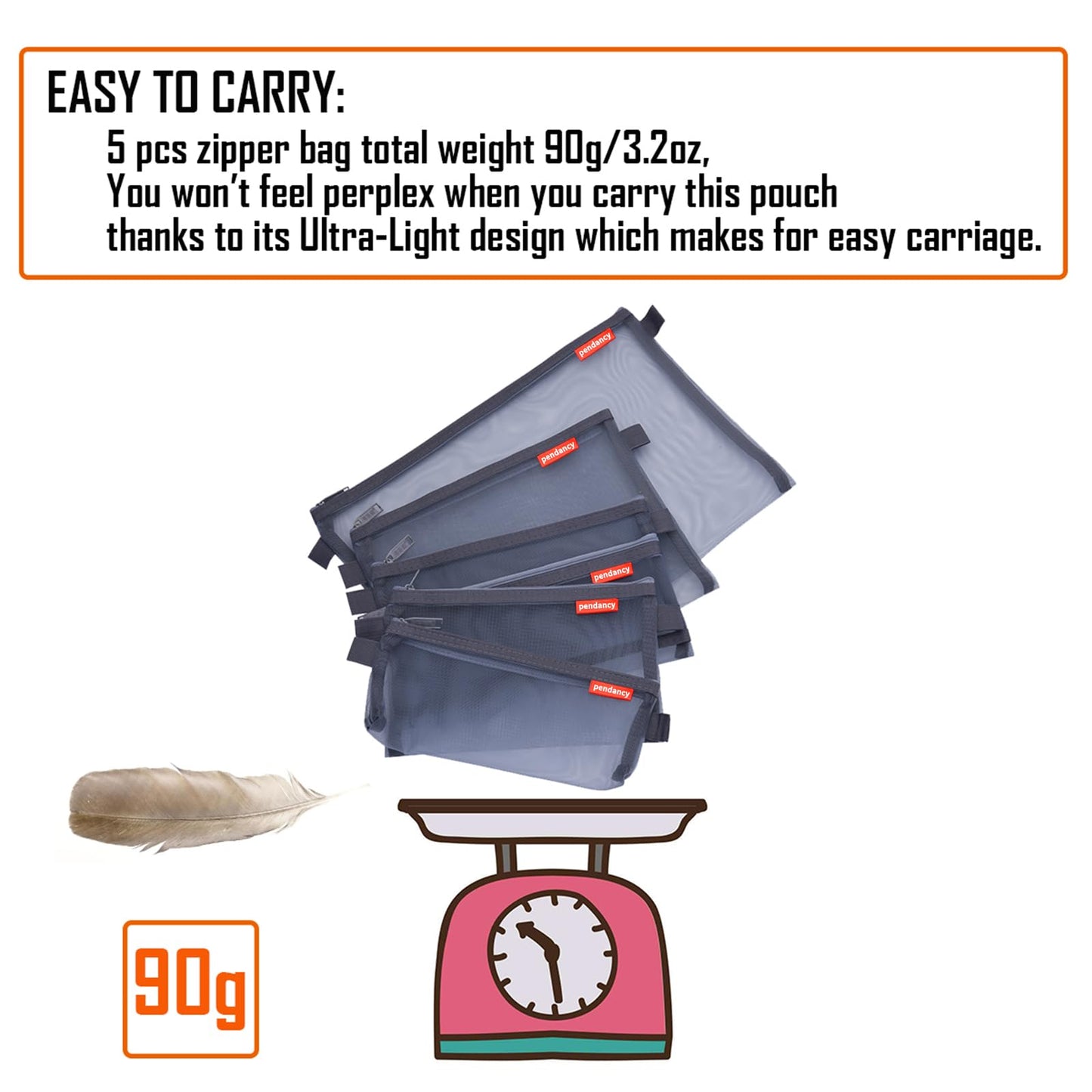 Set of five lightweight mesh zipper pouches for travel and office storage