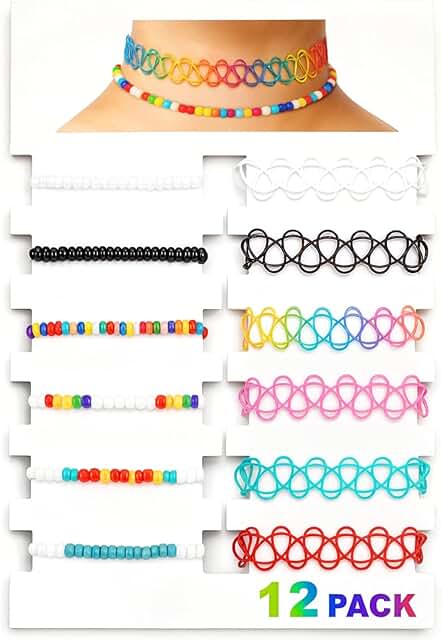 Set of 12 colorful stretchy tattoo chokers for summer