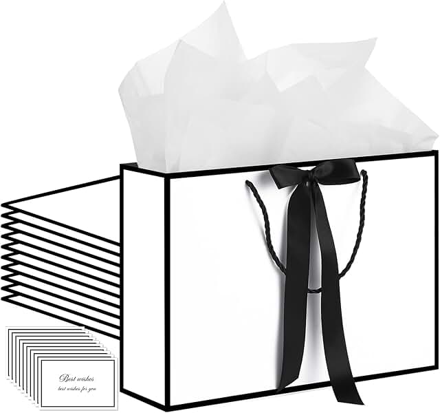 Set of 10 White Gift Bags with Handles and Tissue Paper