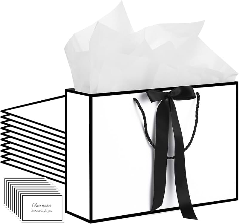 Set of 10 White Gift Bags with Handles and Tissue Paper