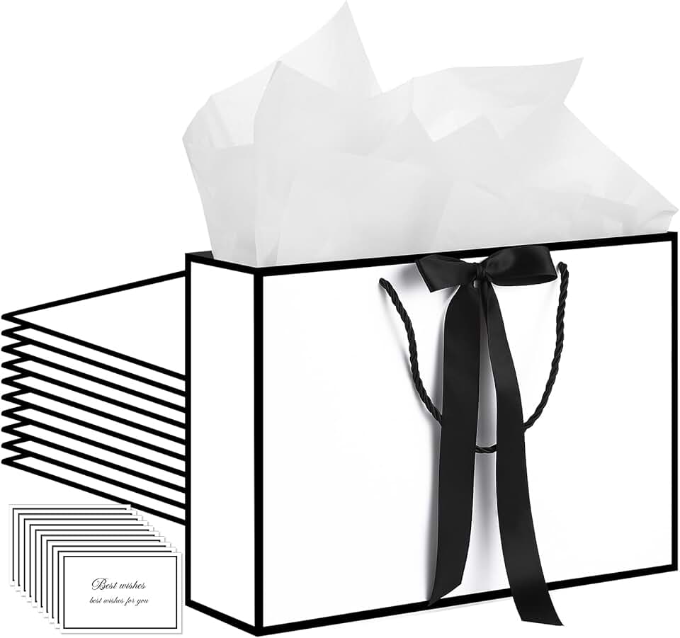 Set of 10 White Gift Bags with Handles and Tissue Paper