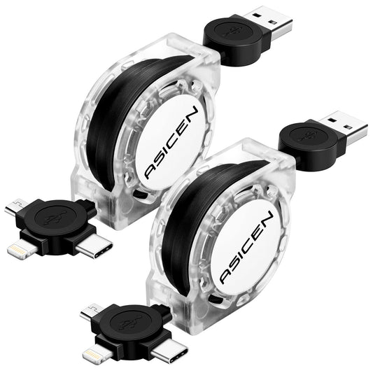 Multi Fast Charging Cable 2-Pack, 3.3ft, Retractable Lightning to Micro USB and Type C