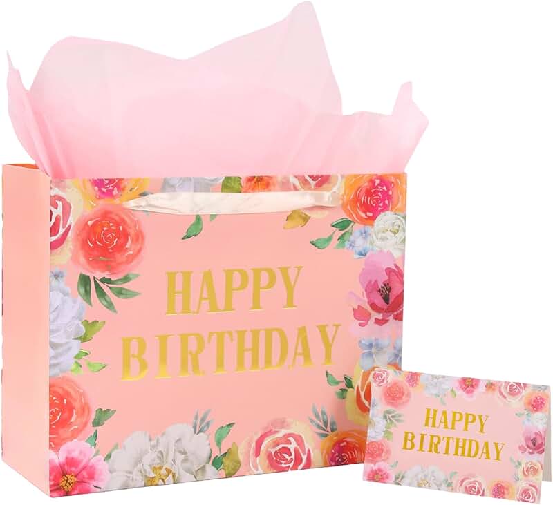 Pink Happy Birthday Gift Bag with Tissue and Card