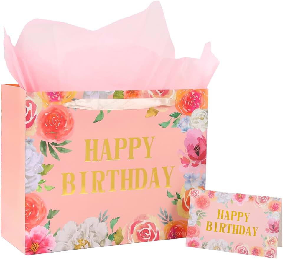 Pink Happy Birthday Gift Bag with Tissue and Card