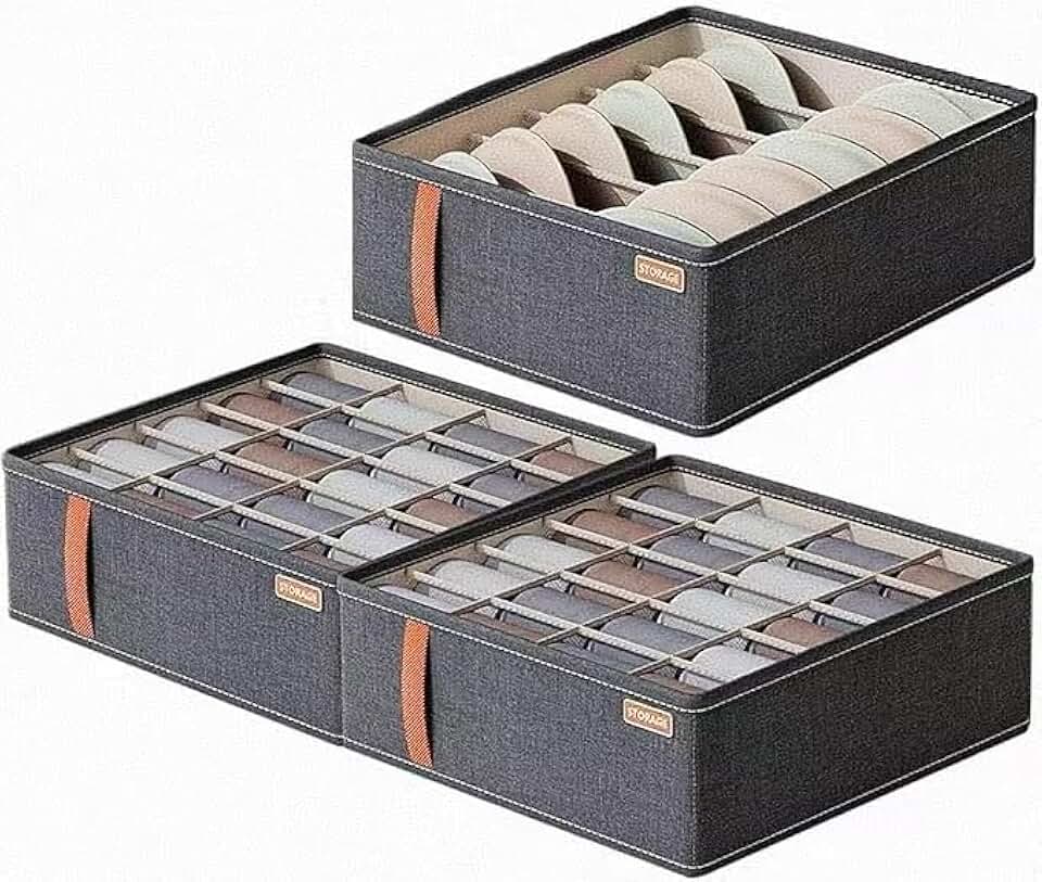 Three-pack foldable fabric wardrobe storage boxes with dividers