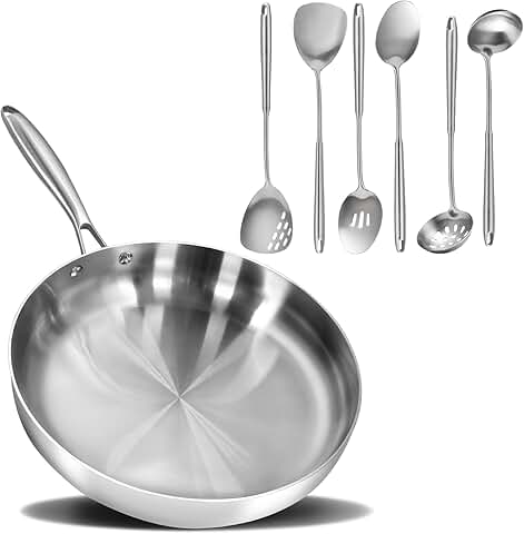 12-Inch Tri-Ply Stainless Steel Frying Pan with 6 Utensils