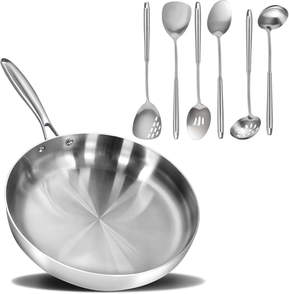 12-Inch Tri-Ply Stainless Steel Frying Pan with 6 Utensils
